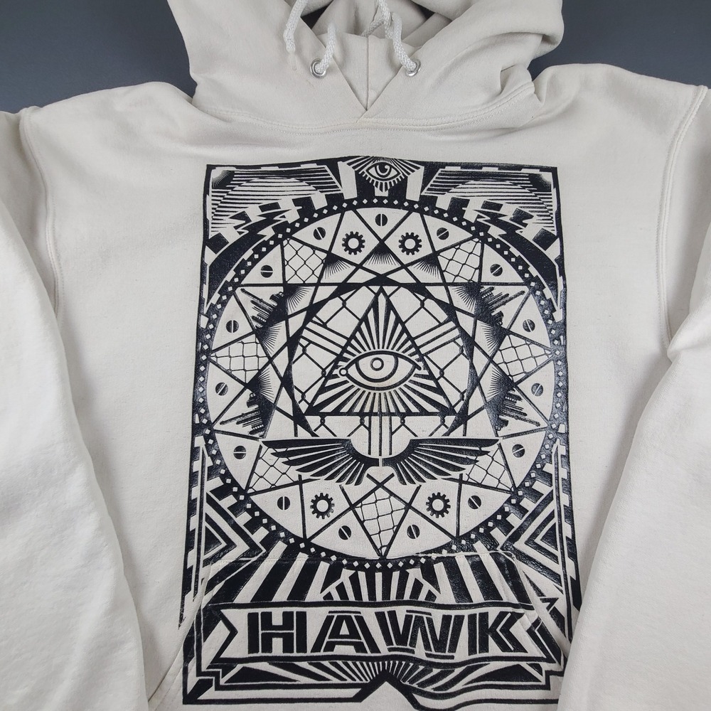 Tony Hawk Illuminati Hoodie Men's Off-White Graphic Print Pullover Winter Y2k